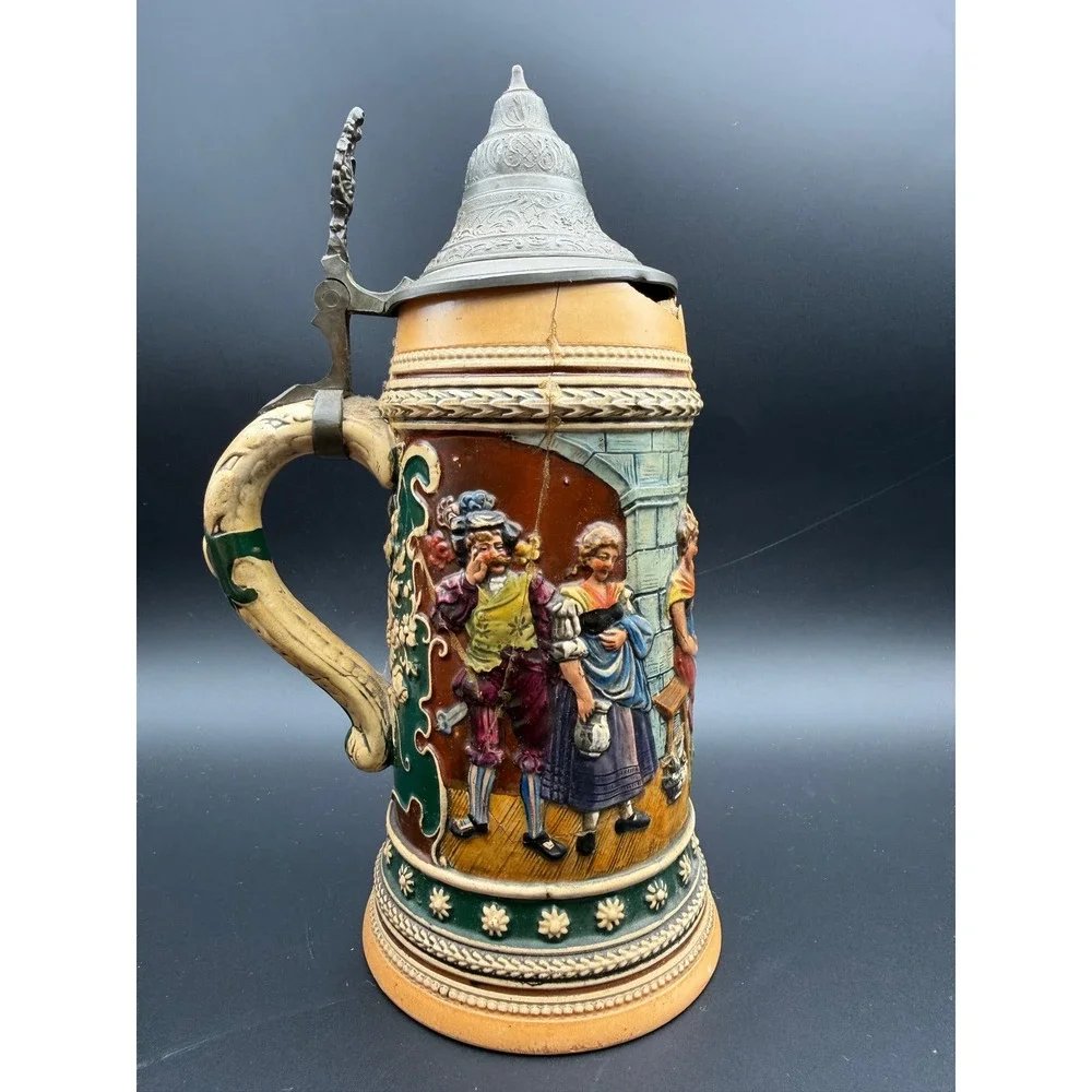Antique German Beer Stein 0.5L Relief Scene Pewter Lid‎ Stoneware 531